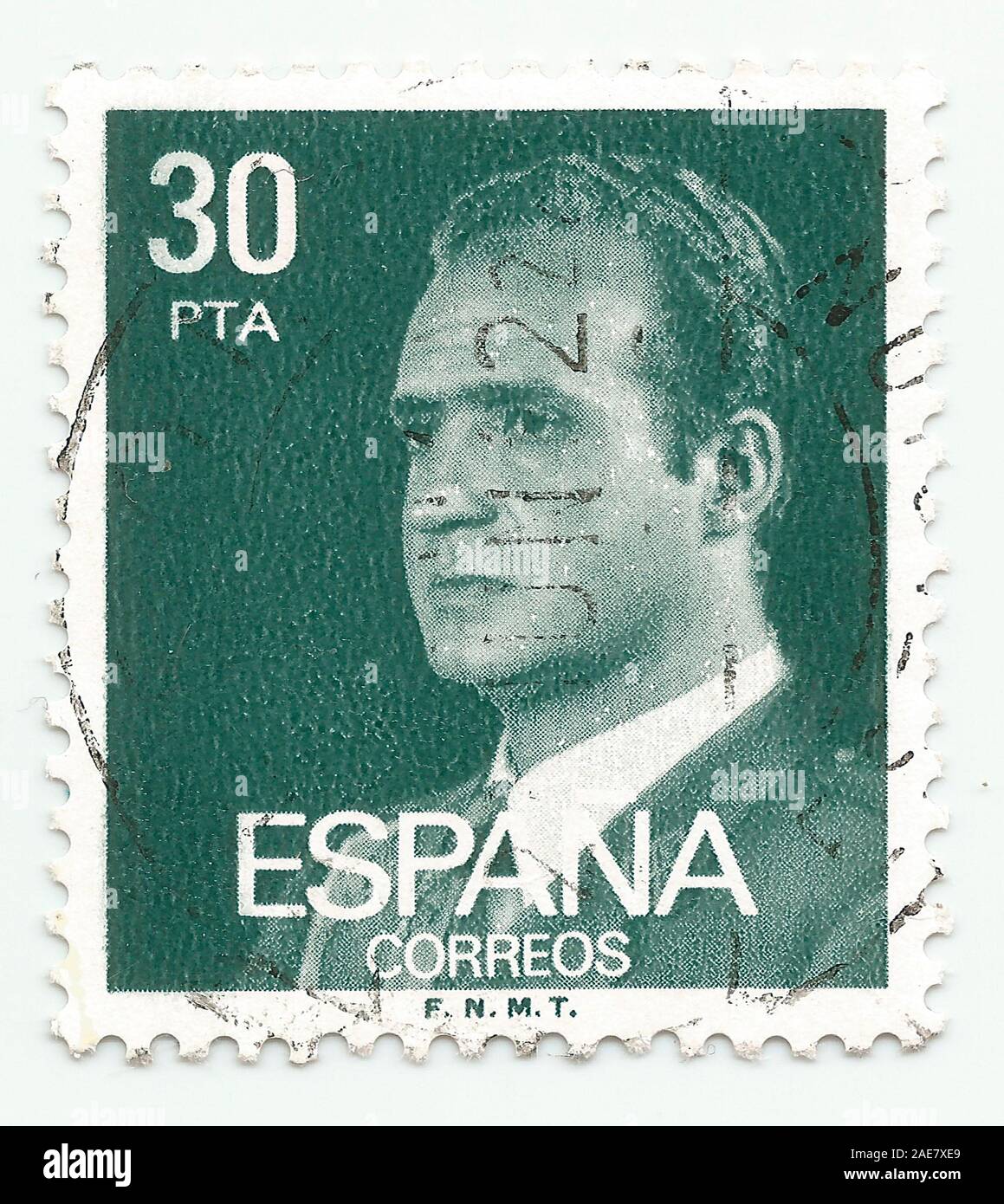MERIDA, EXTREMADURA, SPAIN - DIC 1, 2018: A stamp printed in Spain shows King Juan Carlos I circa 1980 Stock Photo