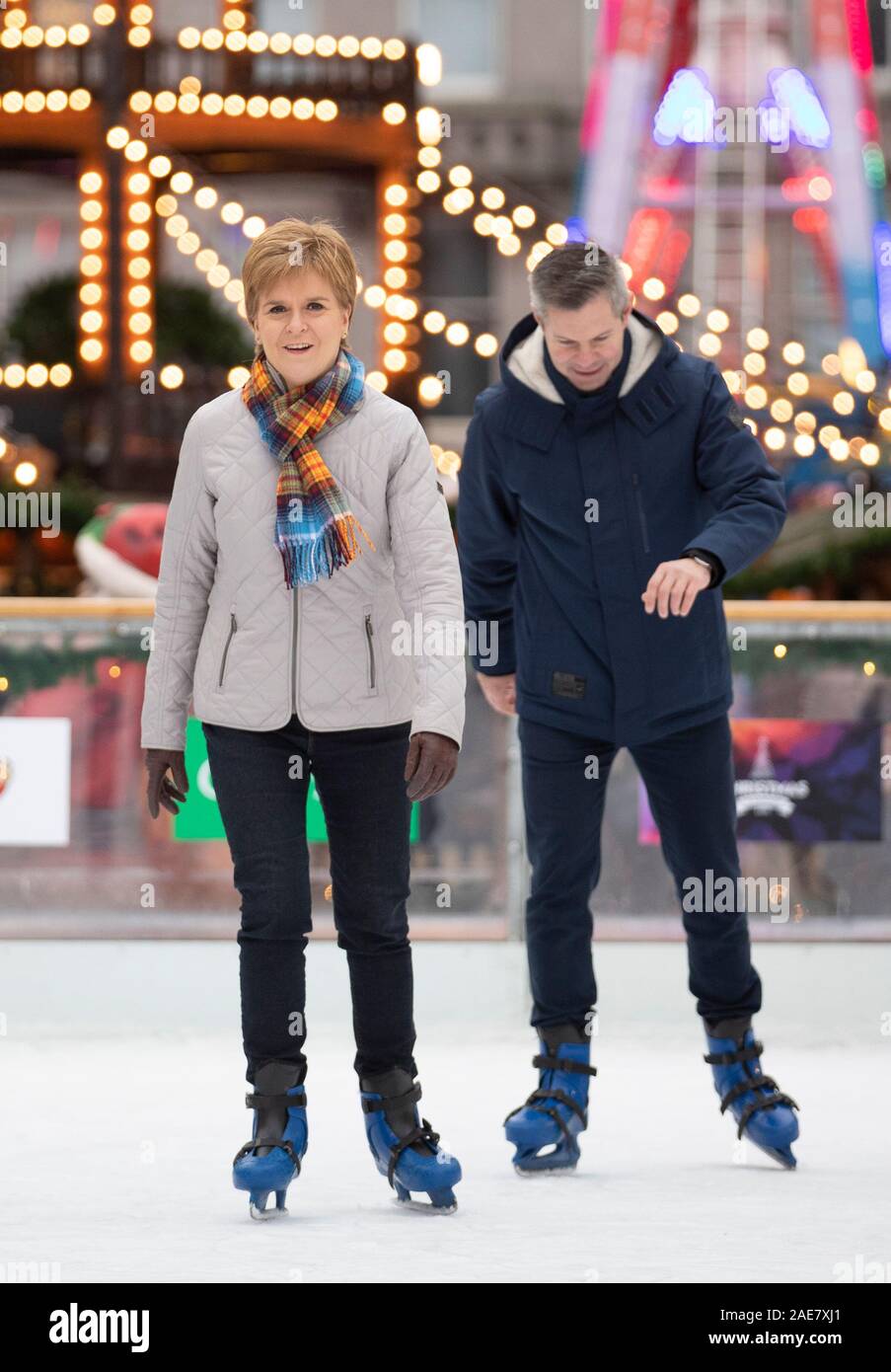 SNP leader Nicola Sturgeon ice skates during a visit to the Aberdeen Christmas Market in The Quad, Marischal College, on the General Election campaign trail. Stock Photo