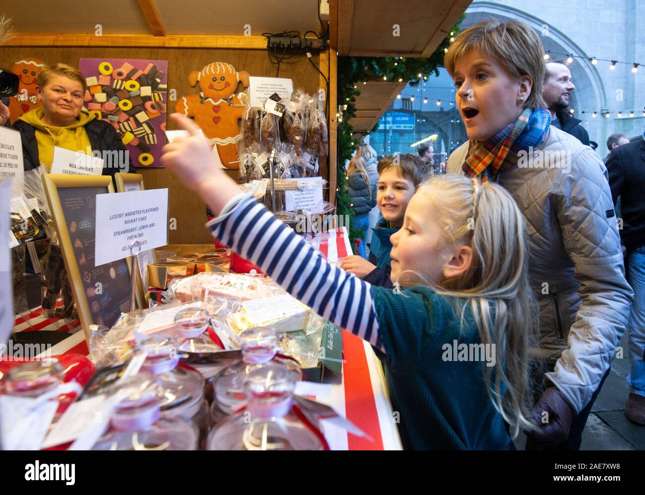 SNP leader Nicola Sturgeon during a visit to the Aberdeen Christmas Market in The Quad, Marischal College, on the General Election campaign trail. Stock Photo