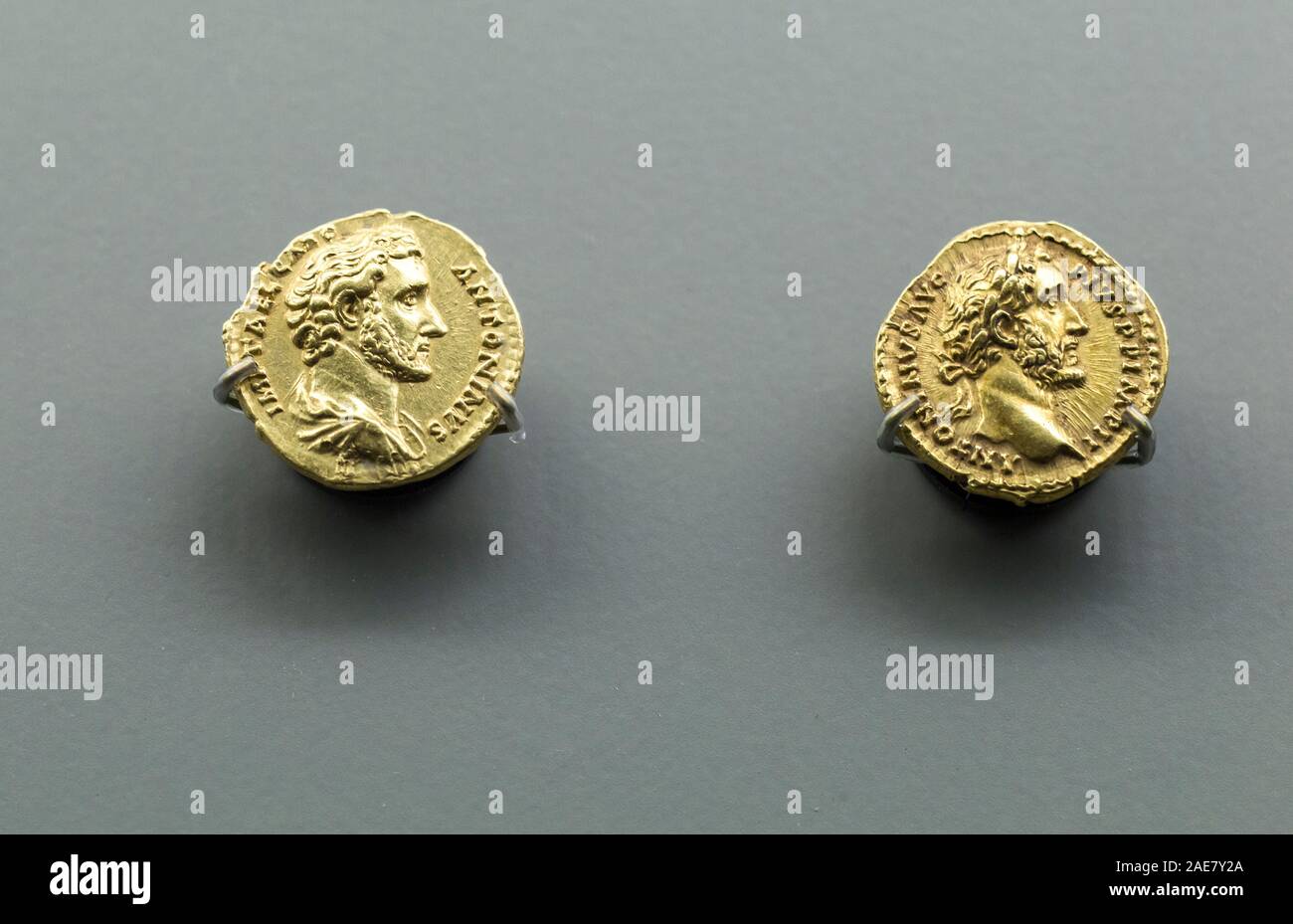 Merida, Spain - December 20th, 2017: Antoninus Pius Roman Emperor coins. National Museum of Roman Art in Merida, Spain Stock Photo