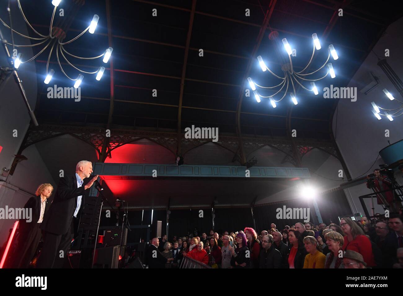 Labour Party leader Jeremy Corbyn speaking at the Patti Pavilion in Swansea, while on the General Election campaign trail in Wales. Stock Photo