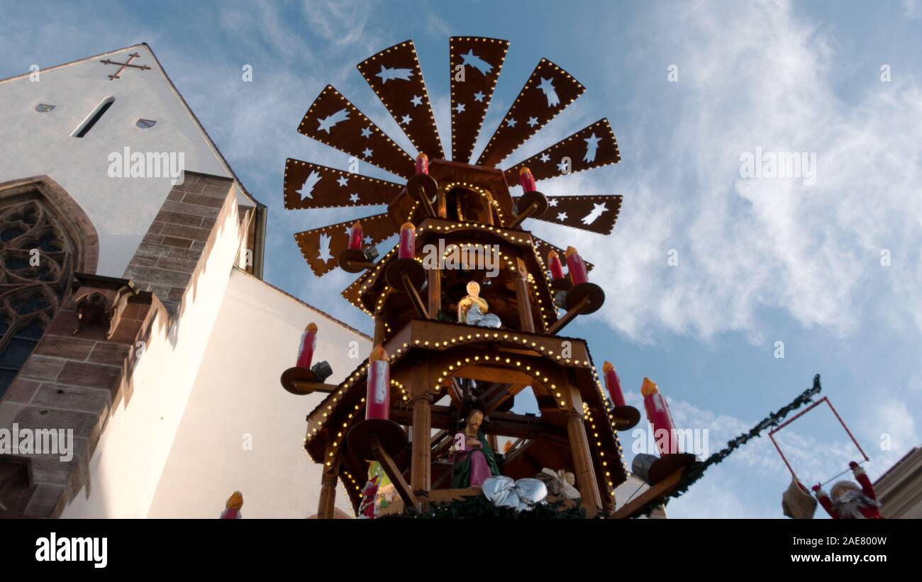 A beautifully decorated pyramid at the traditional Christmas market in Basel Stock Photo