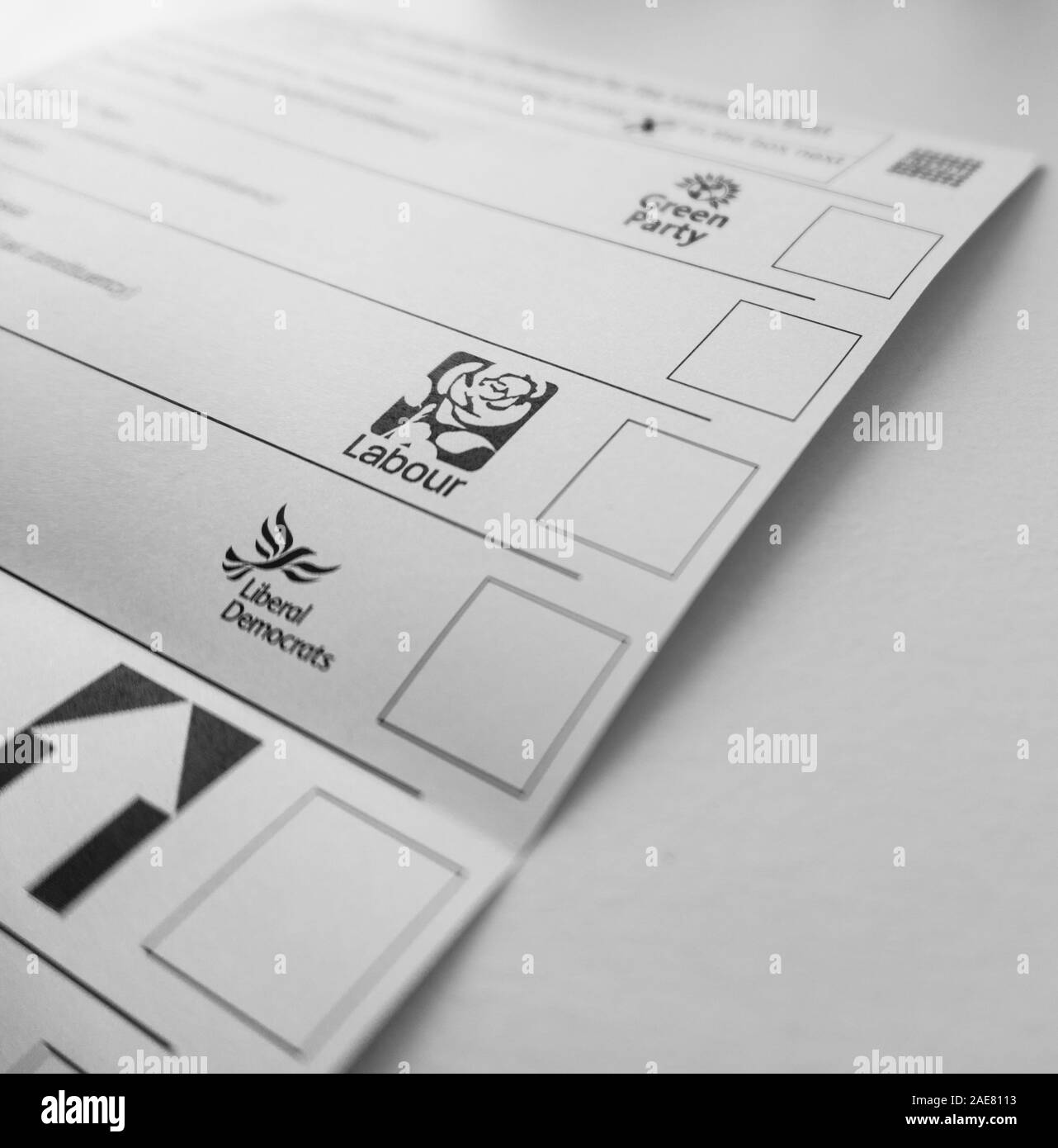 London / United Kingdom - December 7th 2019: General election ballot paper with green party, labour, libdem, young peoples party logos Stock Photo