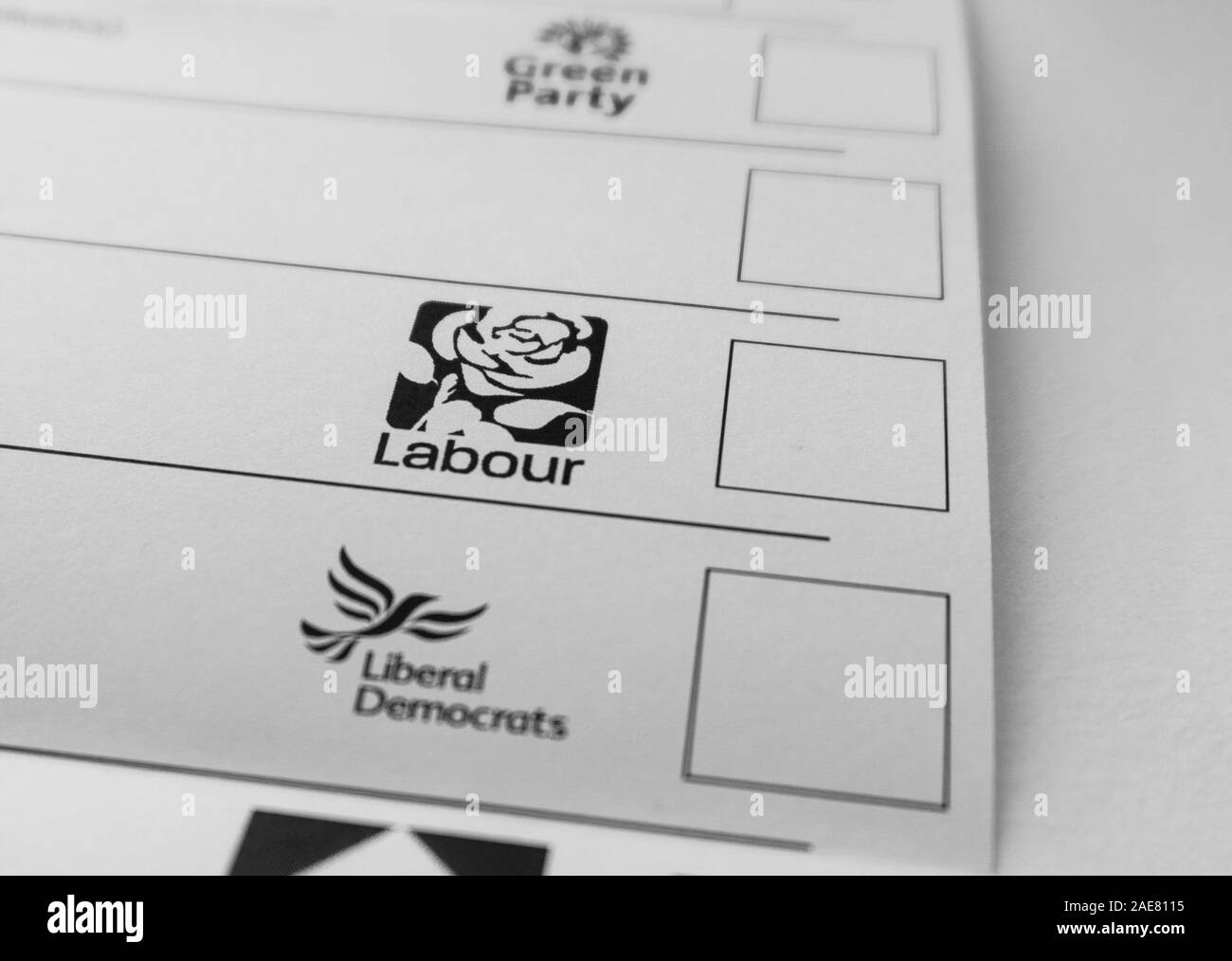 London / United Kingdom - December 7th 2019: General election ballot paper with green party, labour, libdem logos Stock Photo