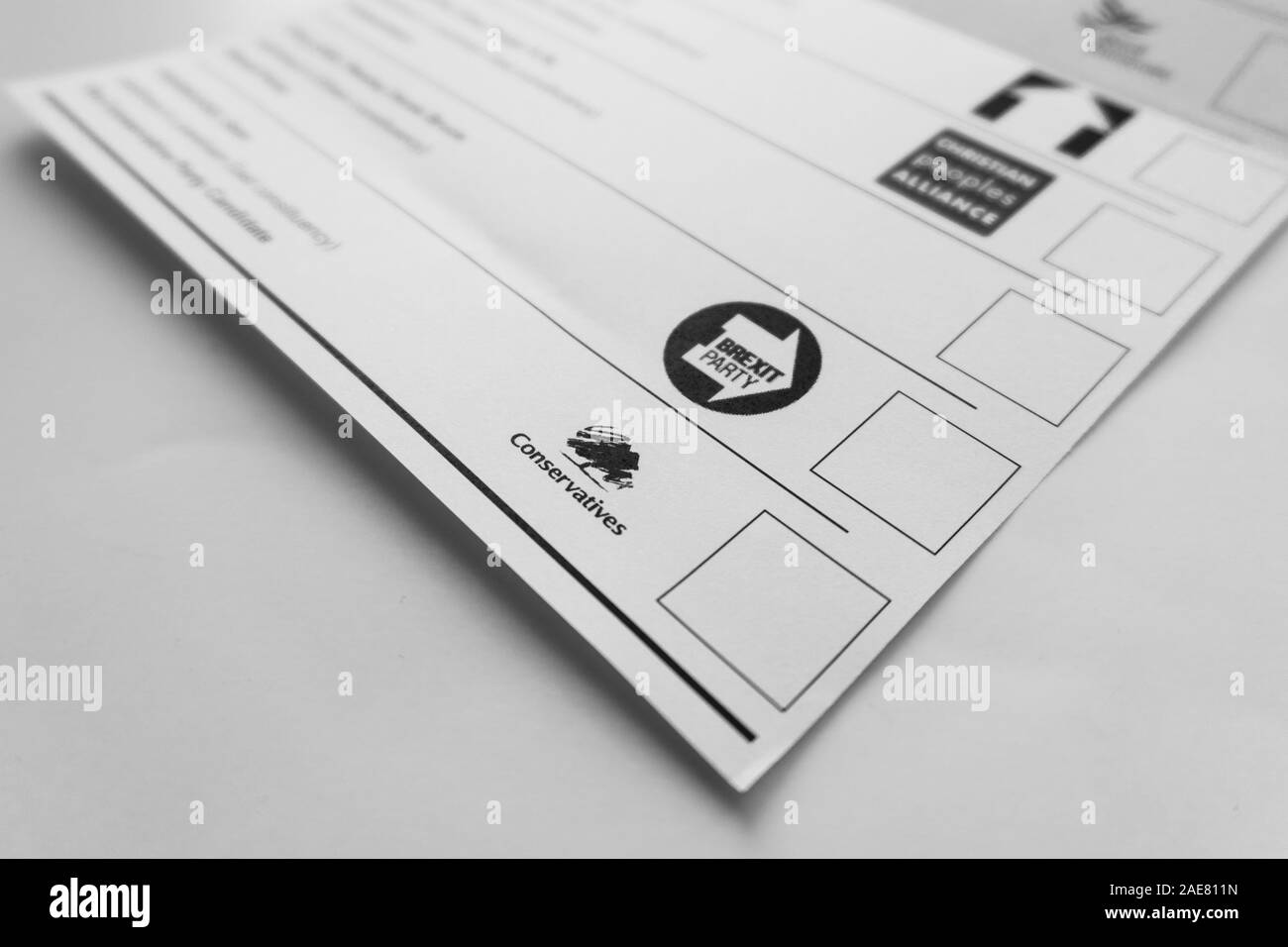 London / United Kingdom - December 7th 2019: Brexit party and Conservatives party logos on the ballot paper for general elections Stock Photo