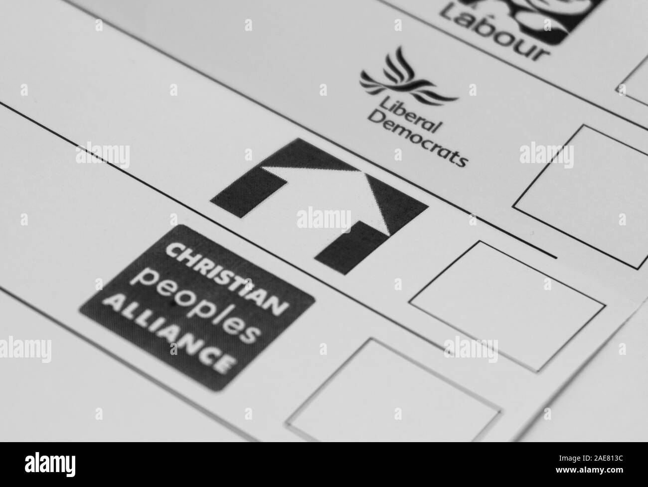 London / United Kingdom - December 7th 2019: Labour , liberal democrats, christian peoples alliance, young people party on general election ballot pap Stock Photo