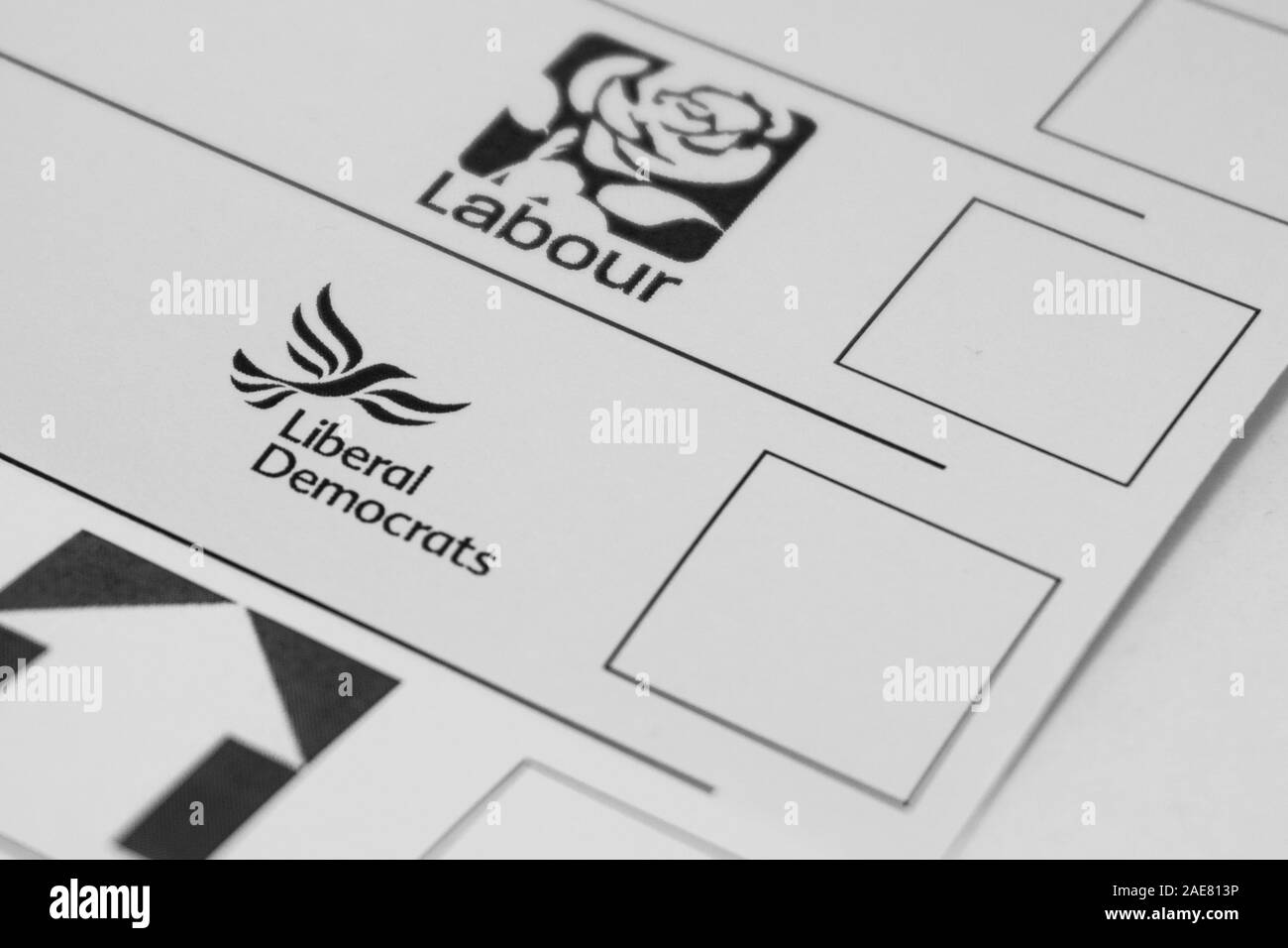 London / United Kingdom - December 7th 2019: Labour and liberal democrats on general election ballot paper Stock Photo