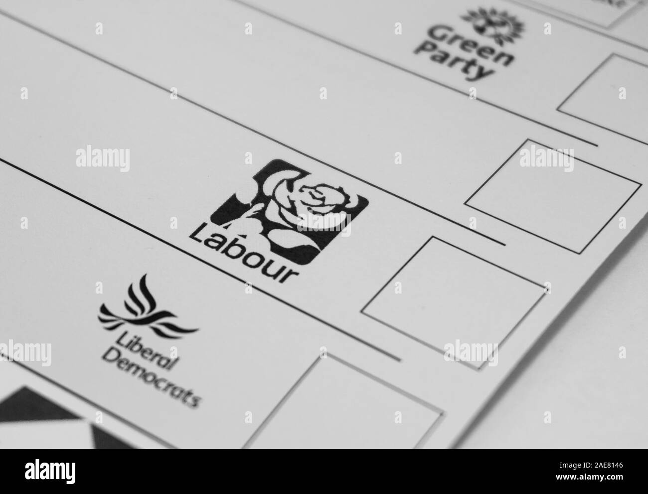London / United Kingdom - December 7th 2019: Labour , greens and liberal democrats on general election ballot paper Stock Photo