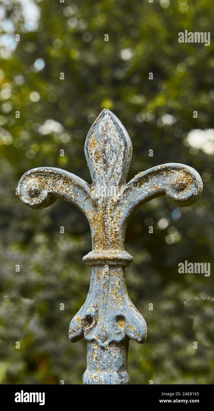 Detail of an artistically forged iron lattice at a gate with a lot of patina Stock Photo