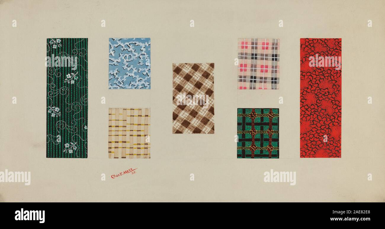 Quilt patches made in 1938 by Charles Moss, showing stitched textile ...