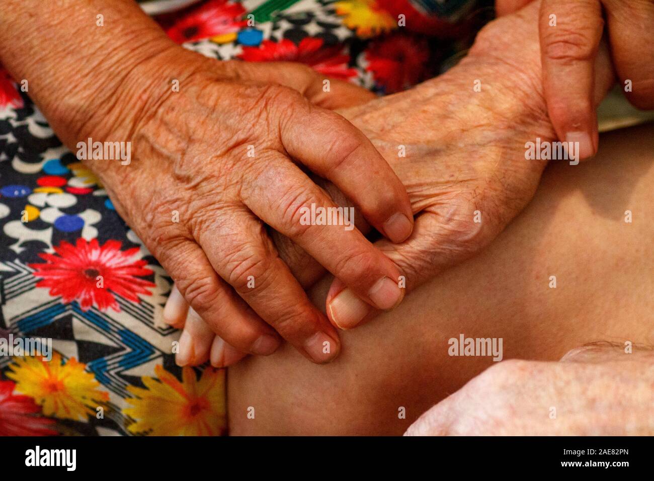 Elderly husband and wife hold hands with love. Grandparents hold each other's hands. Retirees in a nursing home are bored. Stock Photo