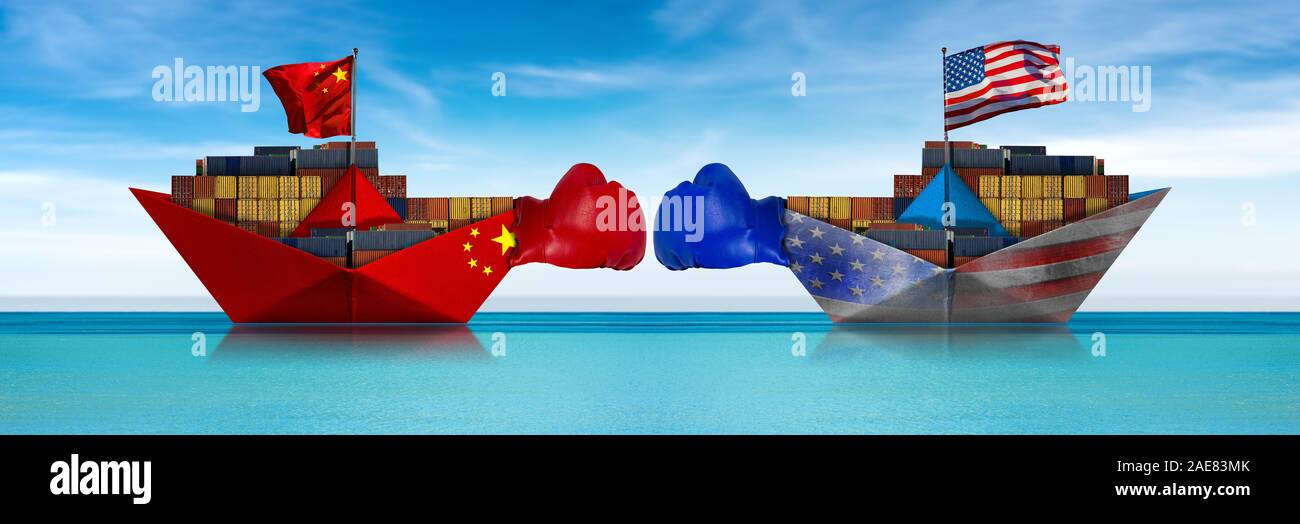 USA and China trade war concept. Two cargo container ships with boxing ...
