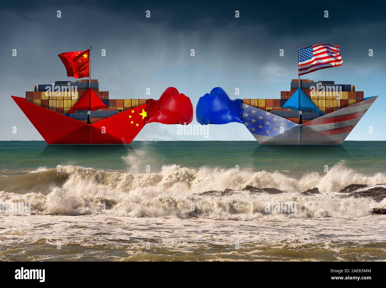 USA and China trade war concept. Two cargo container ships with boxing ...