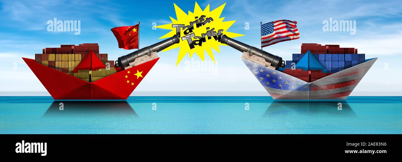 USA and China trade war concept. Two cargo container ships with cannons ...