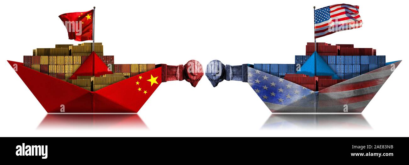 USA and China trade war concept. Two cargo container ships with ...