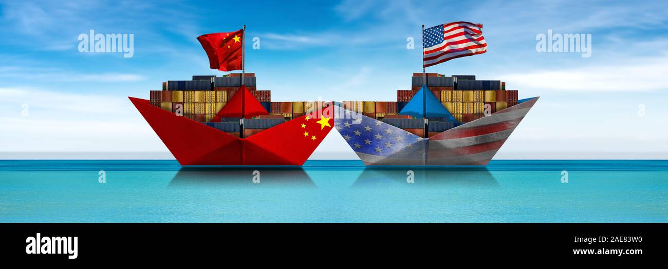 USA and China trade war concept. Collision of two cargo container ships ...