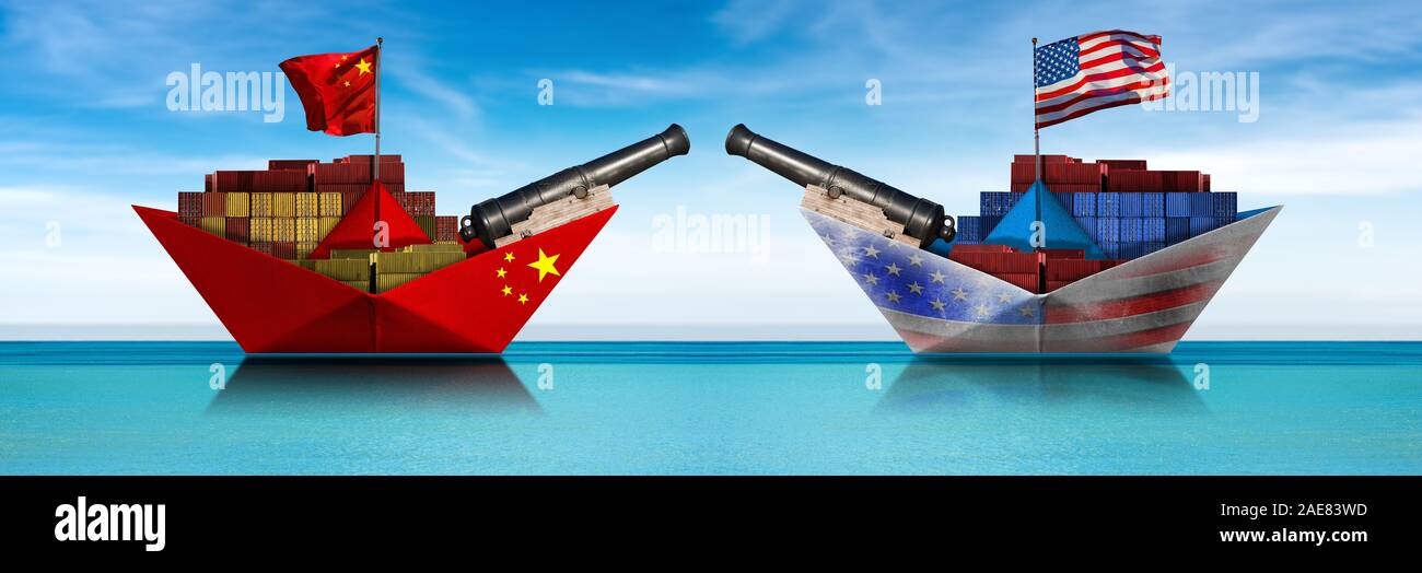 USA and China trade war concept. Two cargo container ships with cannons ...
