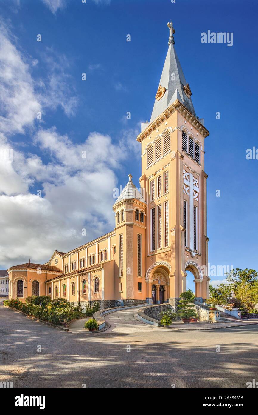 Royalty high quality free stock image aerial view of Chicken church in Da Lat city, Vietnam. Tourist city in developed Vietnam Stock Photo