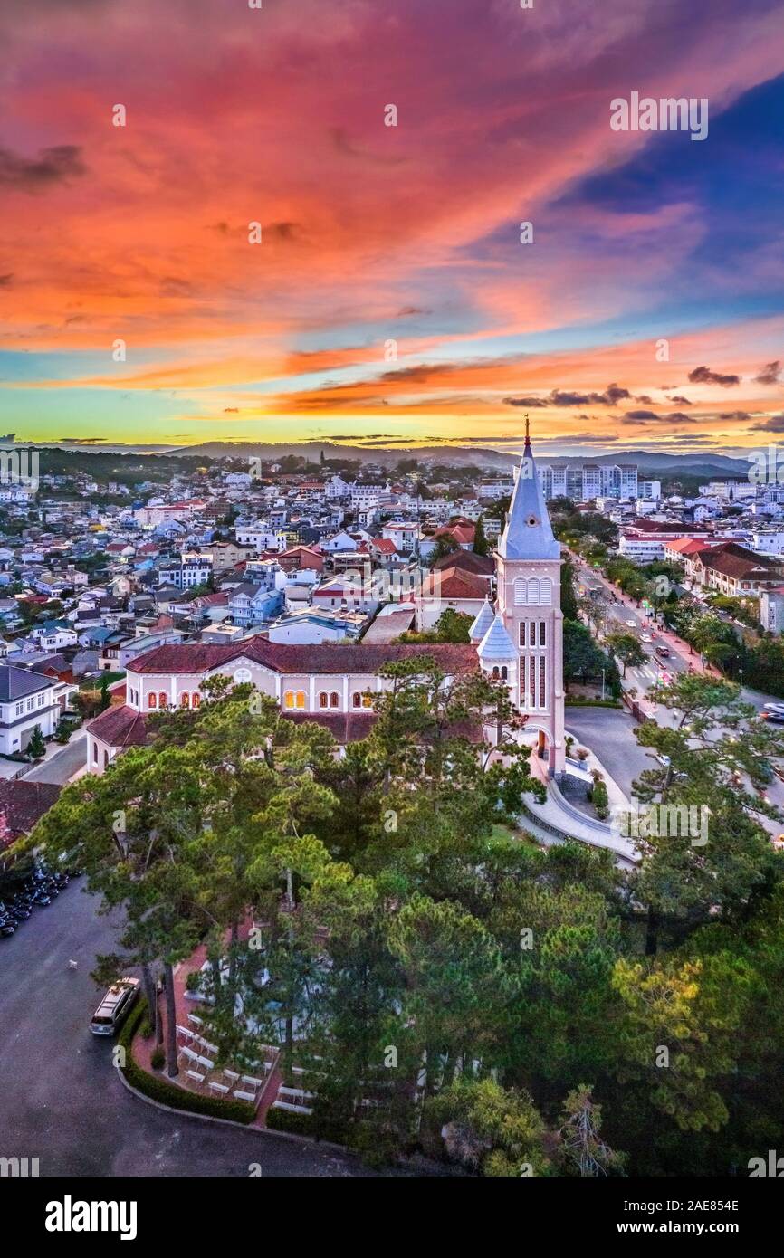 Royalty high quality free stock image aerial view of Chicken church in Da Lat city, Vietnam. Tourist city in developed Vietnam Stock Photo