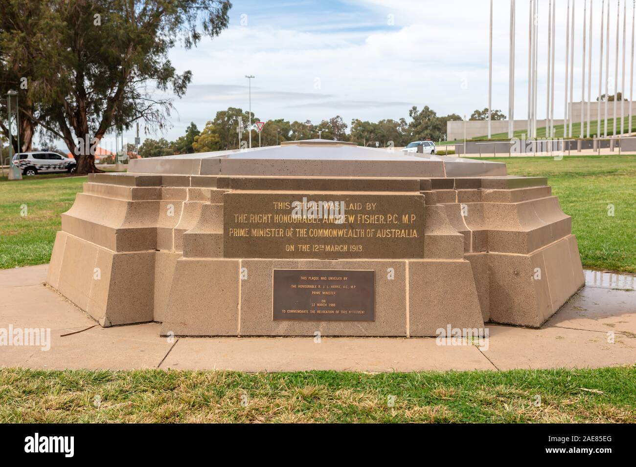 Canberra's Foundation Stone, crafted from rock quarried at Mt Gibraltar, Bowral, Australia is located in the grounds of Australian Parliament. Stock Photo