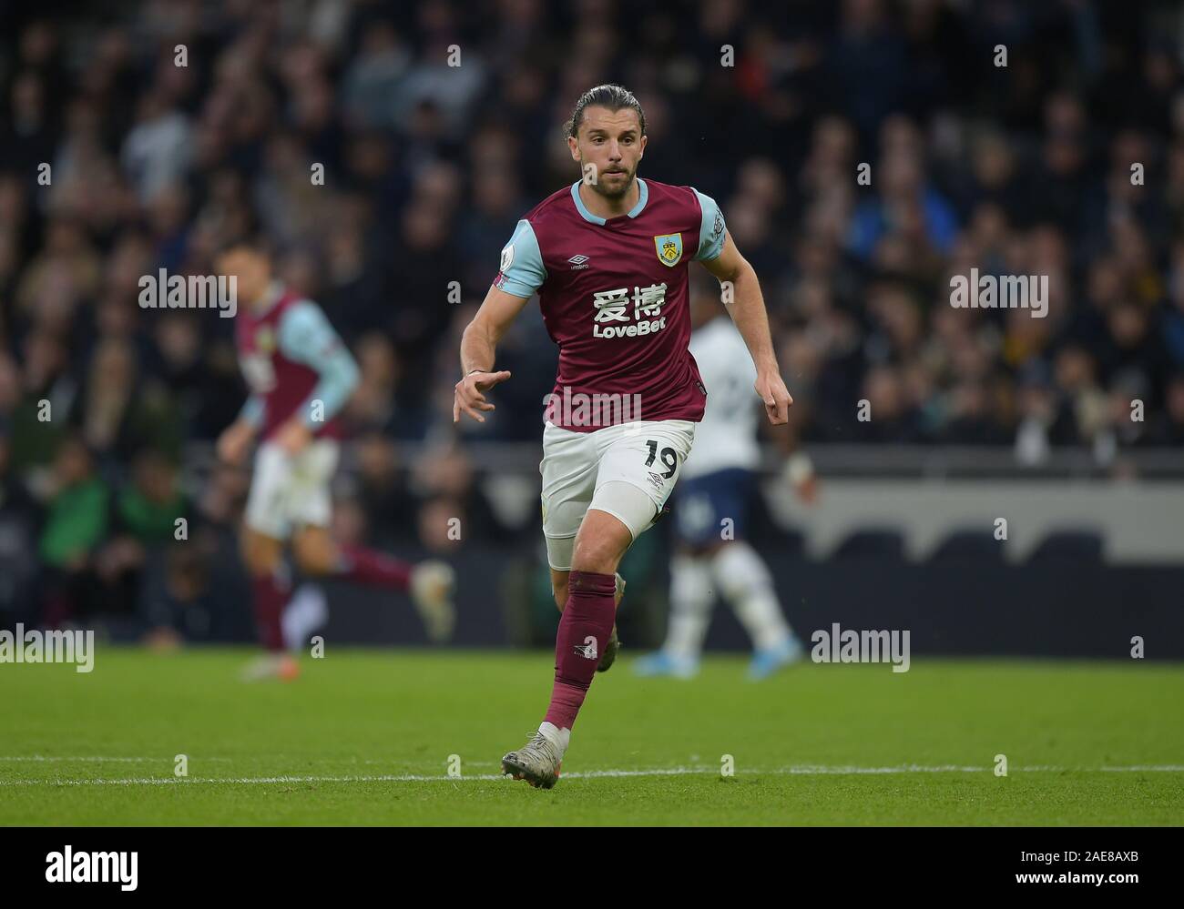 London, UK. 7th December 2019. Jay Rodriguez of Burnley during the Tottenham Hotspur vs Burnley Premier League Football match at the Tottenham Hotspur Stadium on 7th December 2019-EDITORIAL USE ONLY No use with unauthorised audio, video, data, fixture lists (outside the EU), club/league logos or 'live' services. Online in-match use limited to 45 images (+15 in extra time). No use to emulate moving images. No use in betting, games or single club/league/player publications/services- Credit: Martin Dalton/Alamy Live News Stock Photo