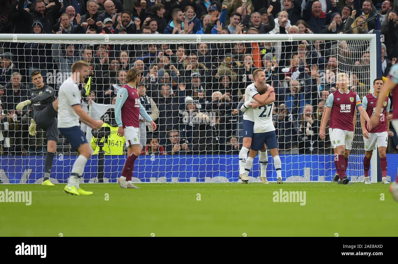 London, UK. 7th December 2019. GOAL Lucas of Tottenham Hotspur scores the second goal during the Tottenham Hotspur vs Burnley Premier League Football match at the Tottenham Hotspur Stadium on 7th December 2019-EDITORIAL USE ONLY No use with unauthorised audio, video, data, fixture lists (outside the EU), club/league logos or 'live' services. Online in-match use limited to 45 images (+15 in extra time). No use to emulate moving images. No use in betting, games or single club/league/player publications/services- Credit: Martin Dalton/Alamy Live News Stock Photo