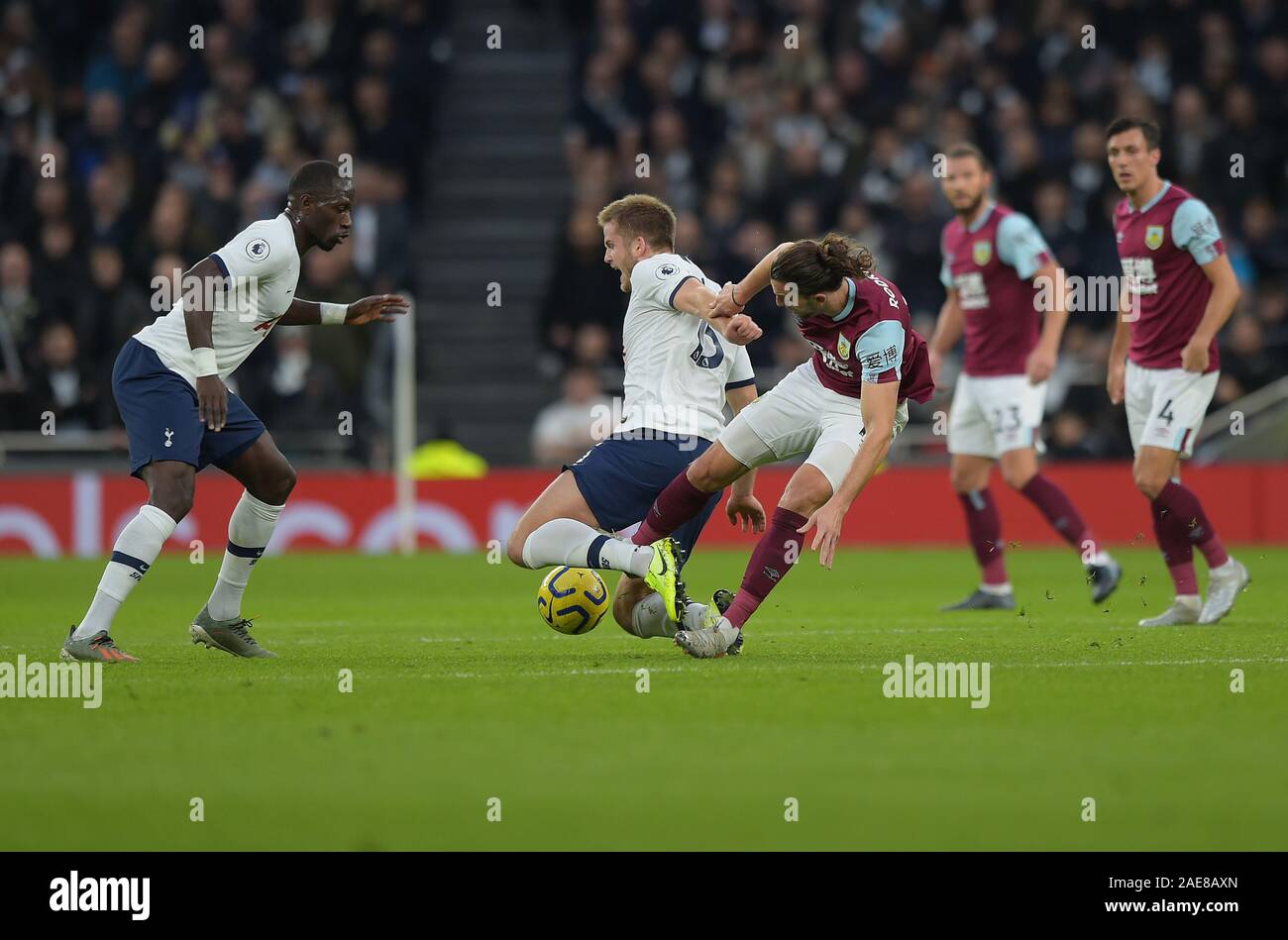 London, UK. 7th December 2019. Eric Dier of Tottenham Hotspurclashes with Jay Rodriguez of Burnley during the Tottenham Hotspur vs Burnley Premier League Football match at the Tottenham Hotspur Stadium on 7th December 2019-EDITORIAL USE ONLY No use with unauthorised audio, video, data, fixture lists (outside the EU), club/league logos or 'live' services. Online in-match use limited to 45 images (+15 in extra time). No use to emulate moving images. No use in betting, games or single club/league/player publications/services- Credit: Martin Dalton/Alamy Live News Stock Photo