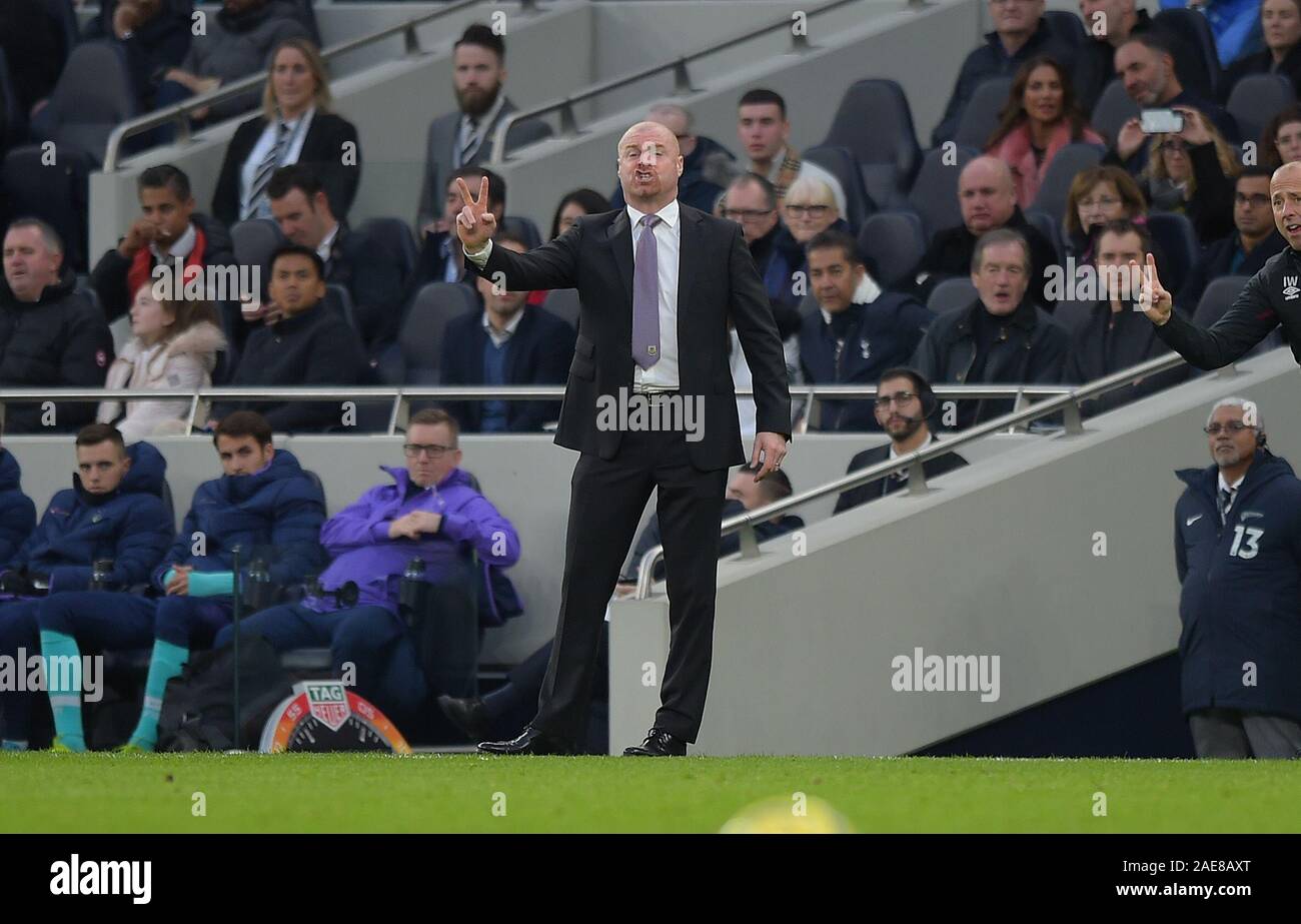 London, UK. 7th December 2019. Sean Dyche Manager of Burnley during the Tottenham Hotspur vs Burnley Premier League Football match at the Tottenham Hotspur Stadium on 7th December 2019-EDITORIAL USE ONLY No use with unauthorised audio, video, data, fixture lists (outside the EU), club/league logos or 'live' services. Online in-match use limited to 45 images (+15 in extra time). No use to emulate moving images. No use in betting, games or single club/league/player publications/services- Credit: Martin Dalton/Alamy Live News Stock Photo
