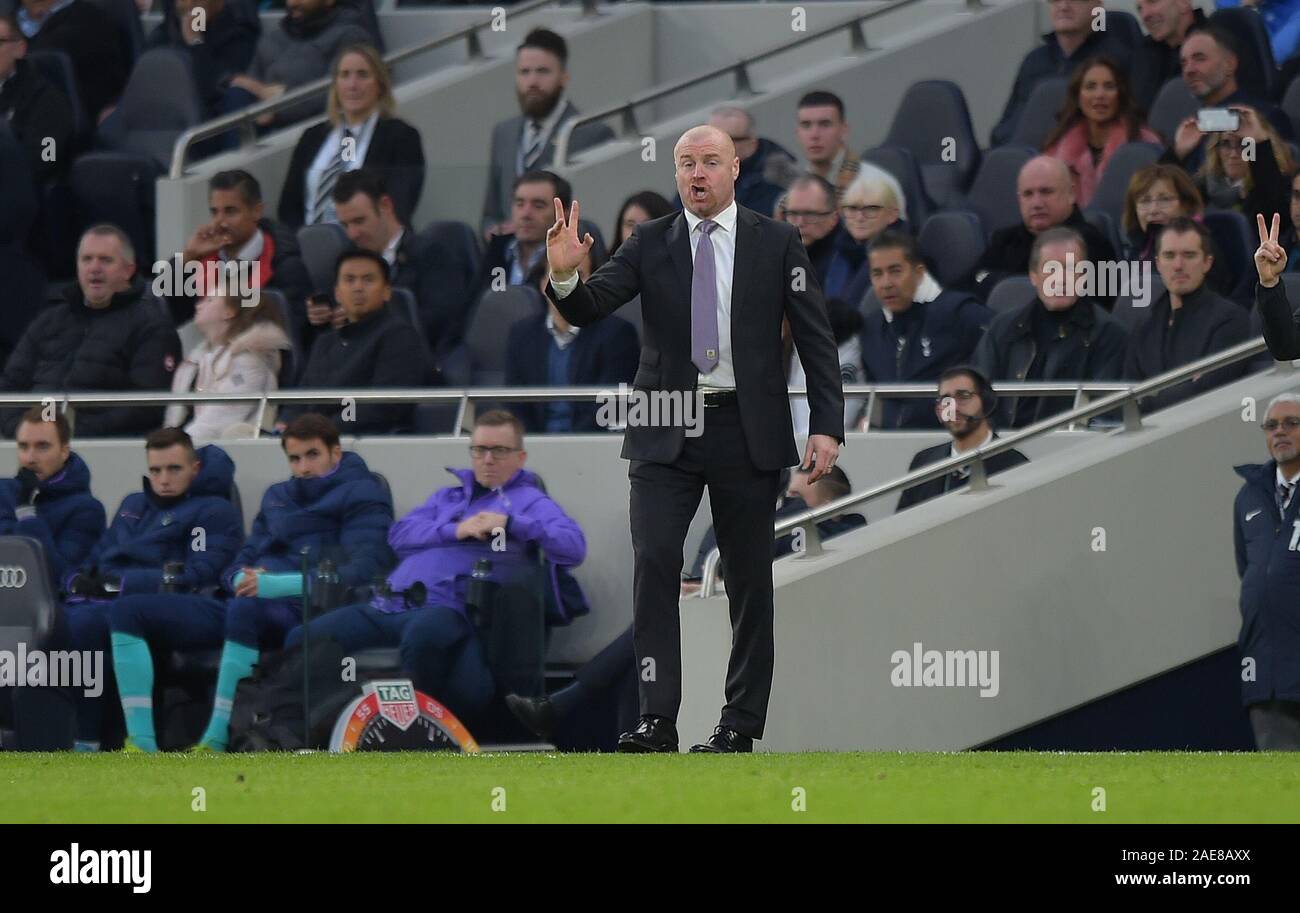 London, UK. 7th December 2019. Sean Dyche Manager of Burnley during the Tottenham Hotspur vs Burnley Premier League Football match at the Tottenham Hotspur Stadium on 7th December 2019-EDITORIAL USE ONLY No use with unauthorised audio, video, data, fixture lists (outside the EU), club/league logos or 'live' services. Online in-match use limited to 45 images (+15 in extra time). No use to emulate moving images. No use in betting, games or single club/league/player publications/services- Credit: Martin Dalton/Alamy Live News Stock Photo