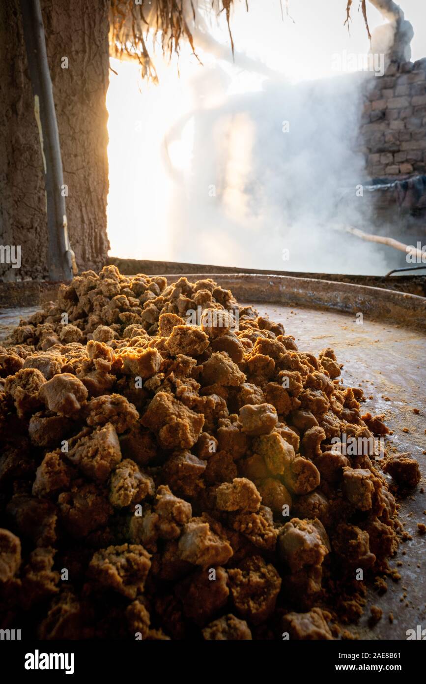 Inside view of the Traditional sugarcane Jaggery Plant in KP, Pakistan Stock Photo