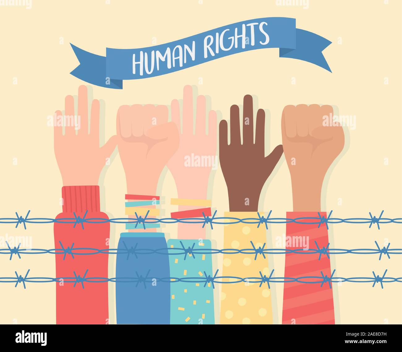 human rights, raised and fist hands diversity behind barbed wire vector ...