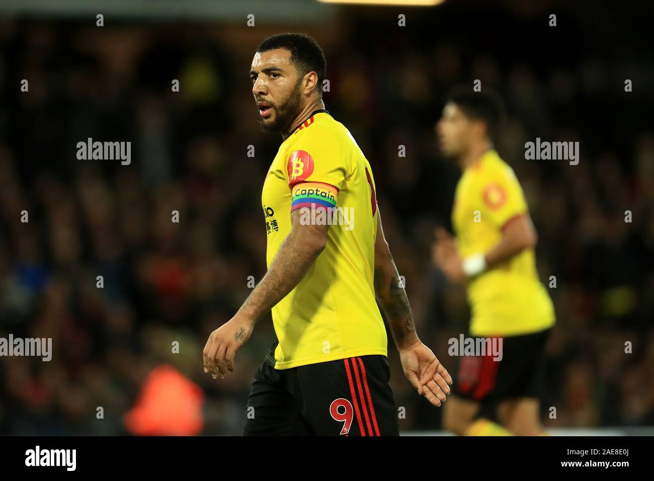 WATFORD, ENGLAND - DECEMBER 7TH Watford's Troy Deeney during the Premier League match between Watford and Crystal Palace at Vicarage Road, Watford on Saturday 7th December 2019. (Credit: Leila Coker | MI News ) Photograph may only be used for newspaper and/or magazine editorial purposes, license required for commercial use Credit: MI News & Sport /Alamy Live News Stock Photo