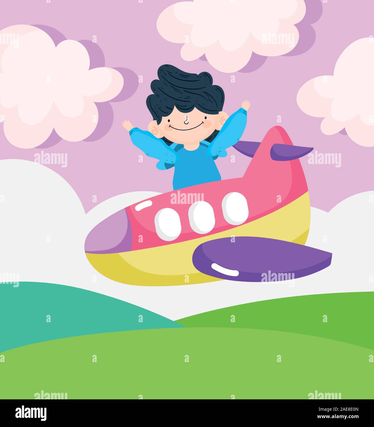 happy children day, little boy flying in the plane vector illustration ...
