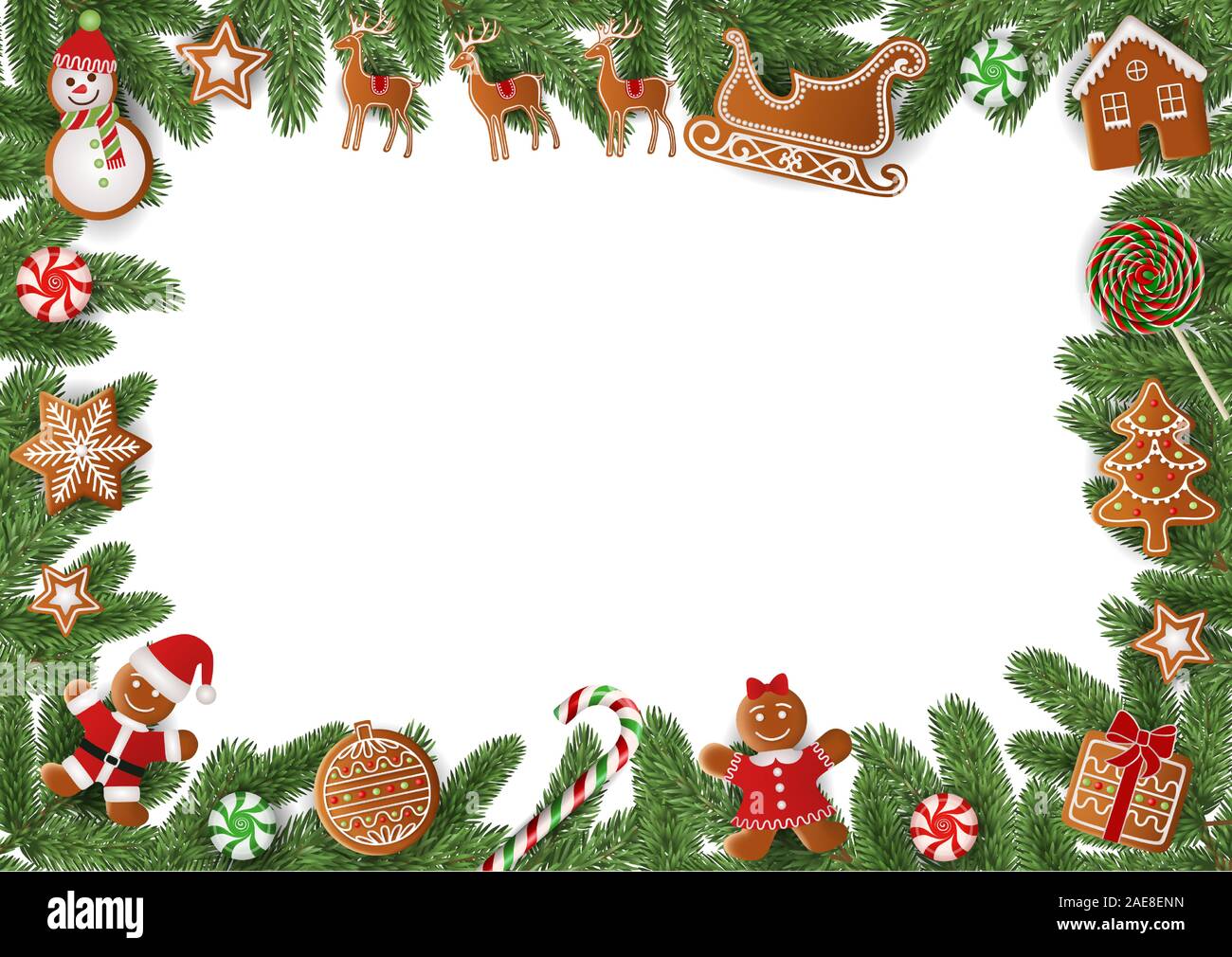 christmas frame with pine branches and gingerbreads Stock Vector