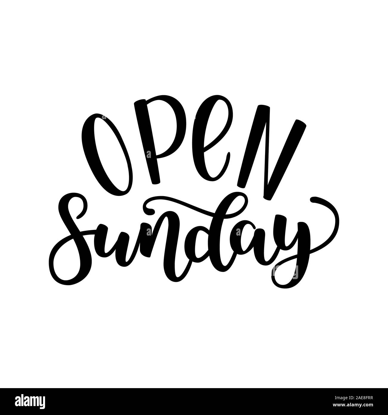 Open sunday handlettering isolated on white background,  illustration. Brush ink lettering. Modern calligraphy for public places, shops and others. Stock Photo