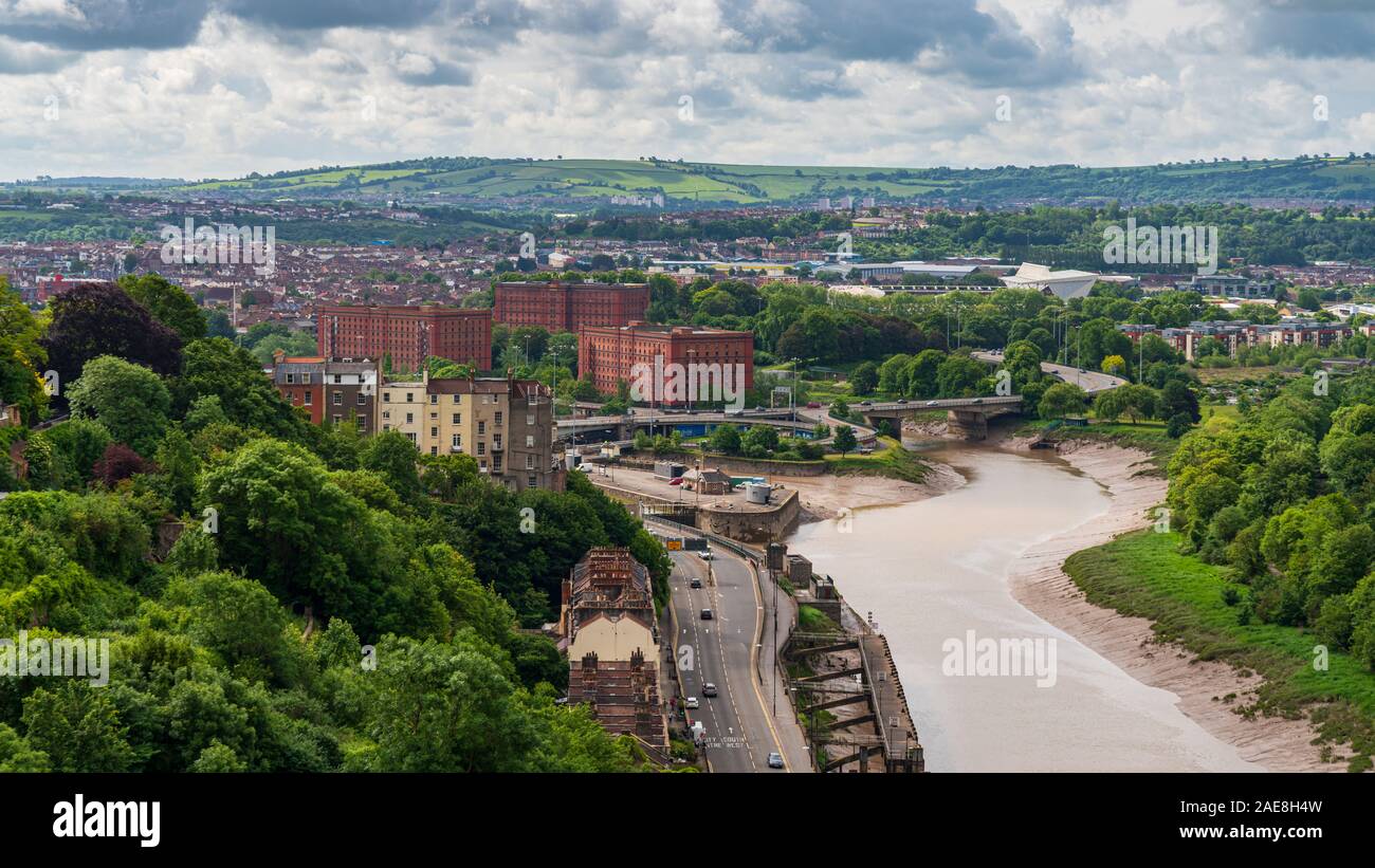 Bristol, England, UK - June 09, 2019: View from the Clifton Suspension Bridge, looking over the River Avon towards Clifton Village and Hotwells Stock Photo