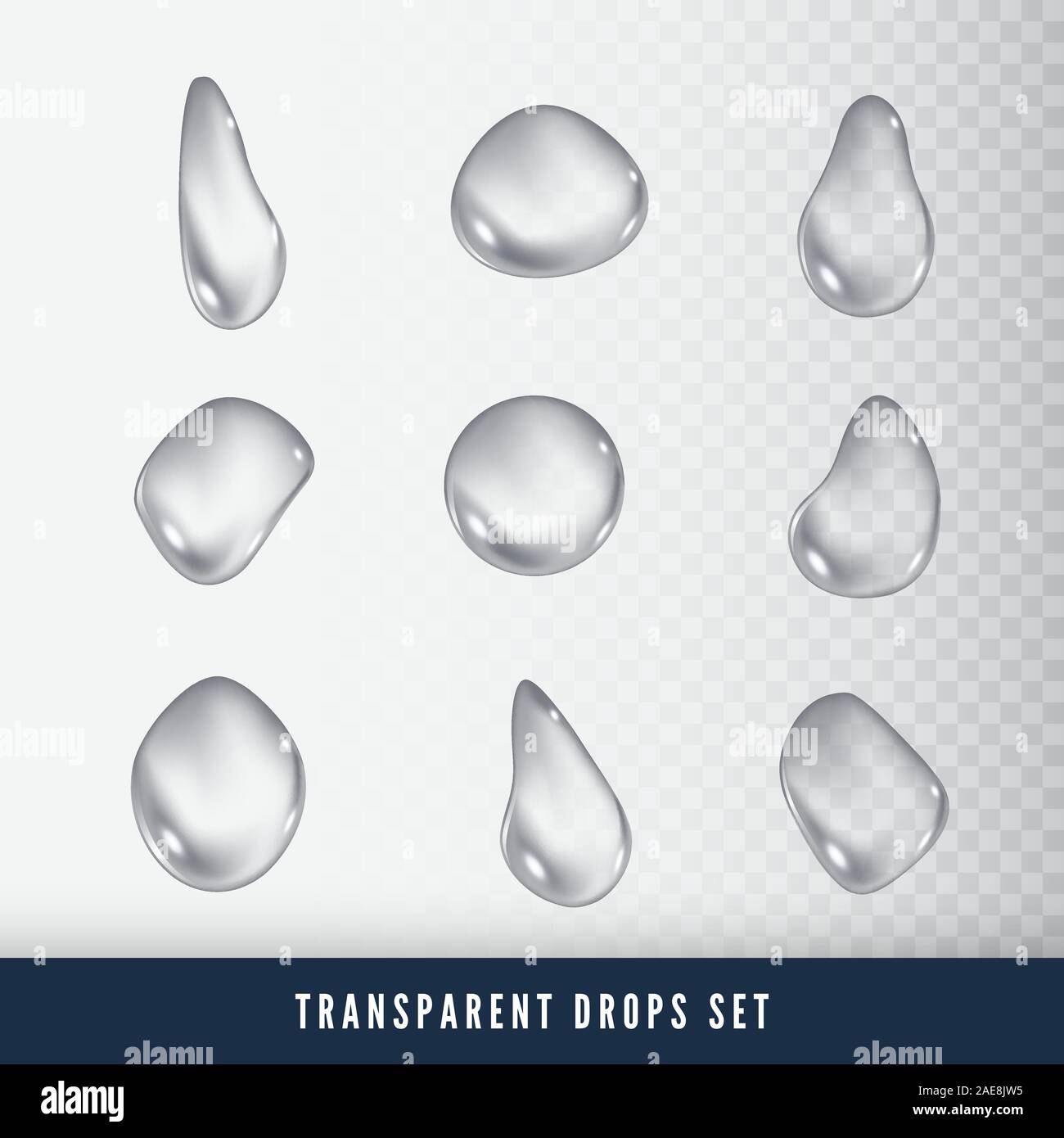 Set of Drops. Liquid clear droplet. Dew on glass surface. vector illustration on transparent background Stock Vector