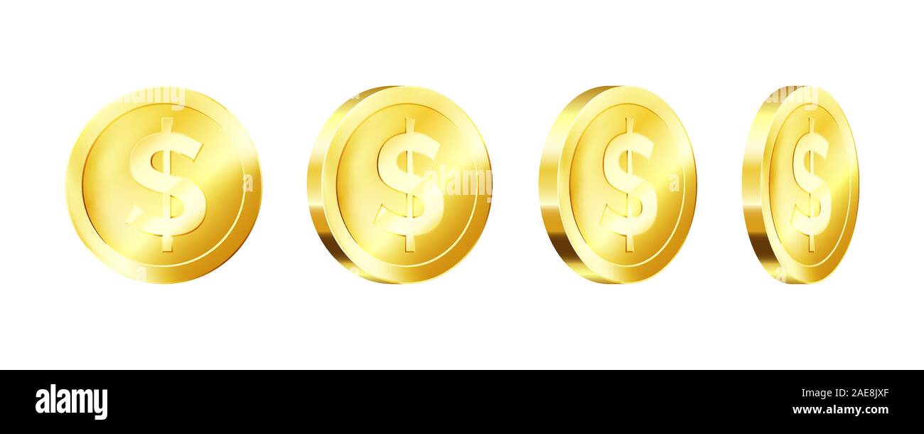 Metallic gold coin template. Rotation golden dollar icon. Vector illustration Stock Vector