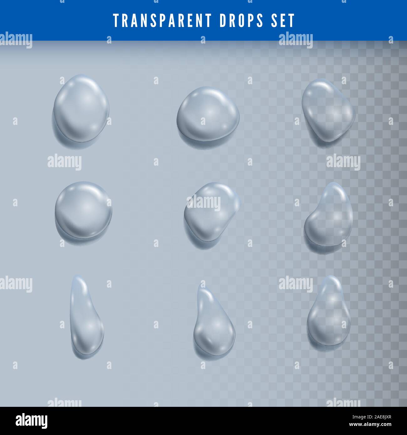 Set of Drops. Liquid clear droplet. Dew on glass surface. vector illustration on transparent background Stock Vector