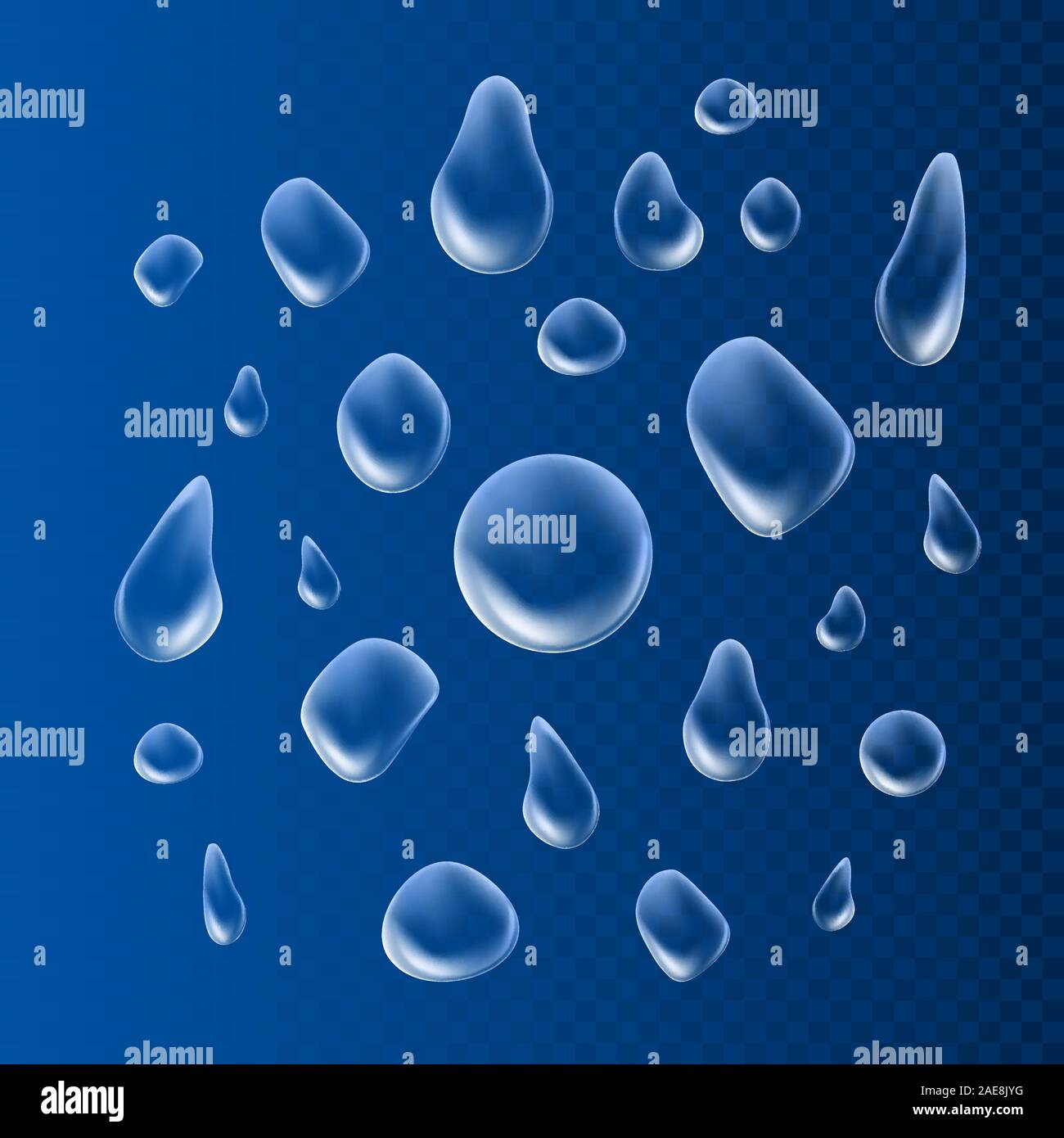 Drops. Liquid clear droplet. Dew on glass surface. vector illustration on blue background Stock Vector