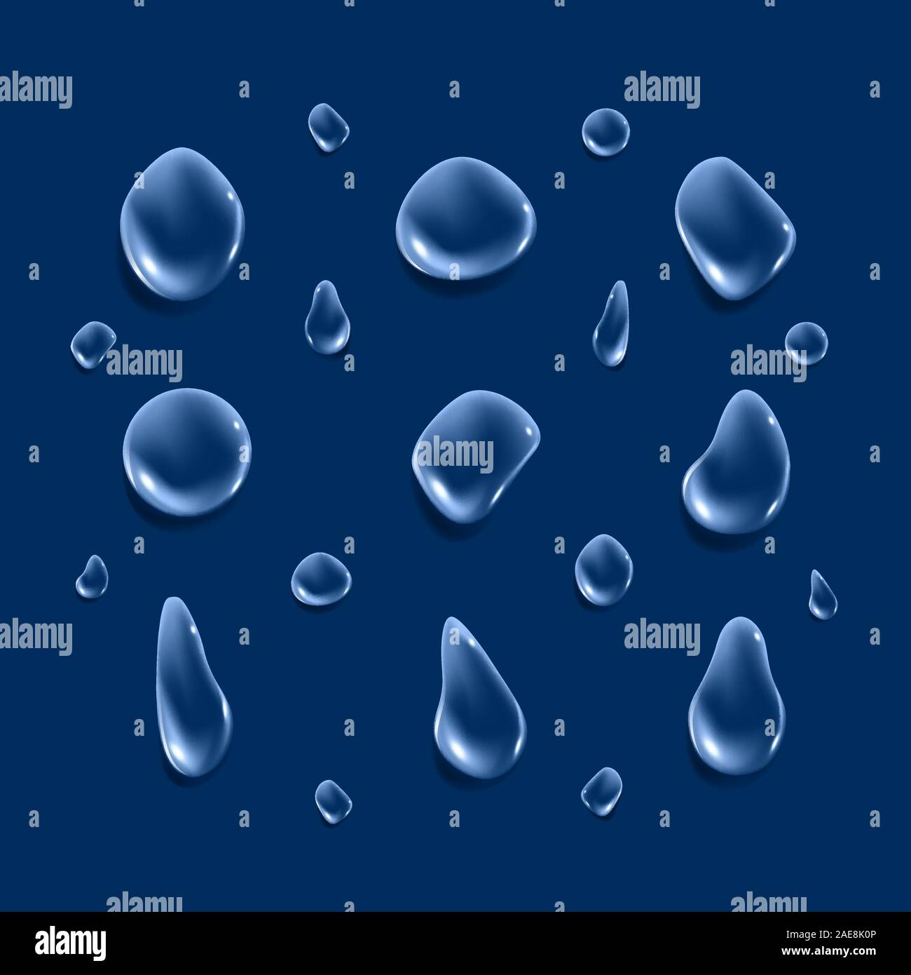 Set of Drops. Liquid clear droplet. Dew on glass surface. vector illustration on blue background Stock Vector