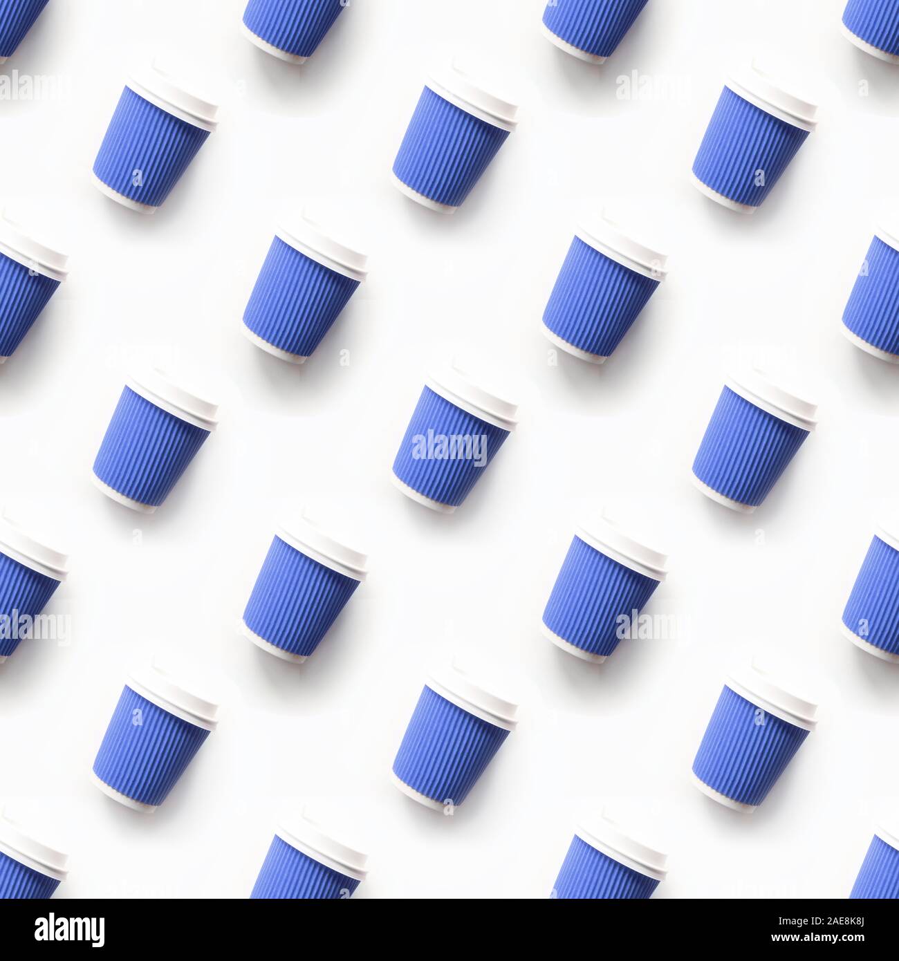 Seamless pattern of classic blue coffee takeaway paper cups on white ...