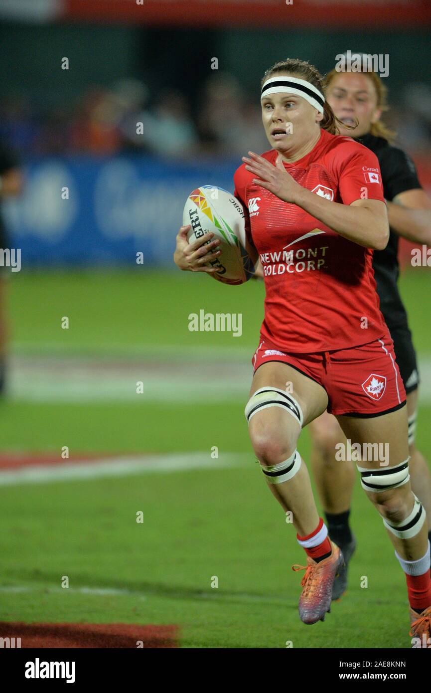 DUBAI, UAE, 7th Dec 2019. Action from the women’s final of the 2019 Emirates Dubai Rugby Sevens tournament, part of the 2019 HSBC World Series. New Zealand beat Canada 17 - 14 to win the women’s final Stock Photo