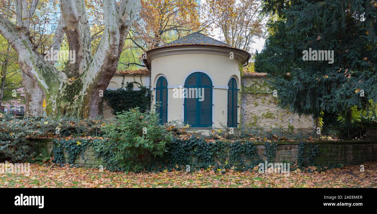 View on backside of the Nebbien summerhouse. It once belonged to Marcus Johann Nebbien. Today a historic monument. Classicist architecture. Stock Photo