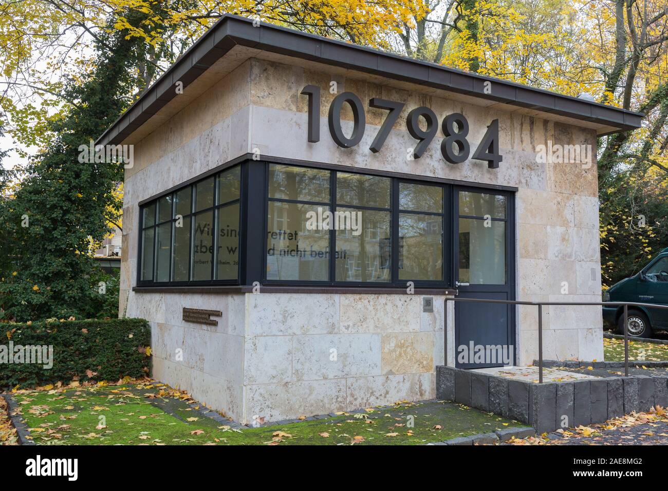 Side view on the Norbert Wollheim Memorial. The number on the wall of the building was Norbert Wollheims prisoner number given by the Nazi regime. Stock Photo