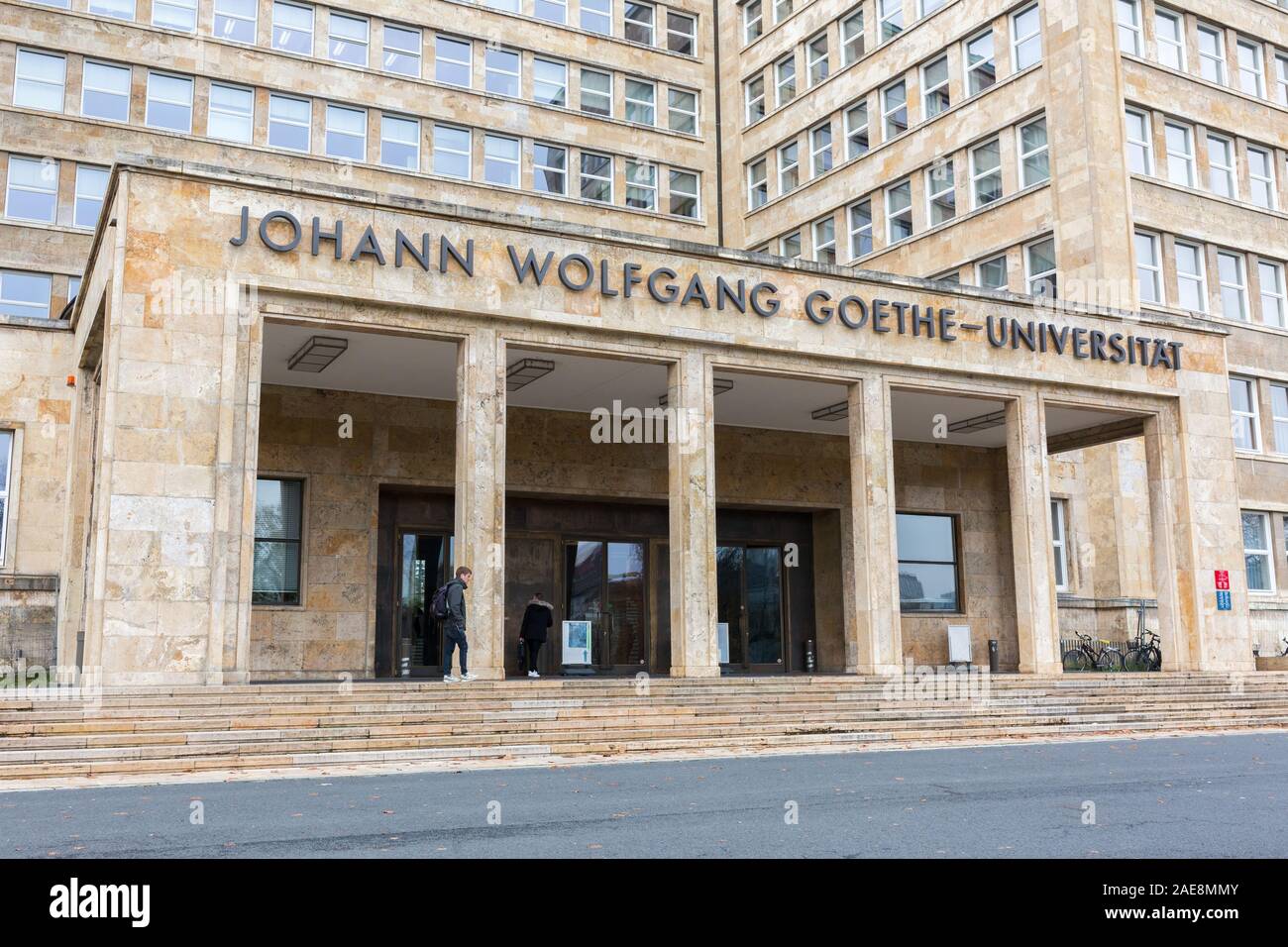 Close-up view on entrance of the Johann Wolfgang Goethe-Universität (university). Located in the so-called I. G.-Farben-Haus. Stock Photo