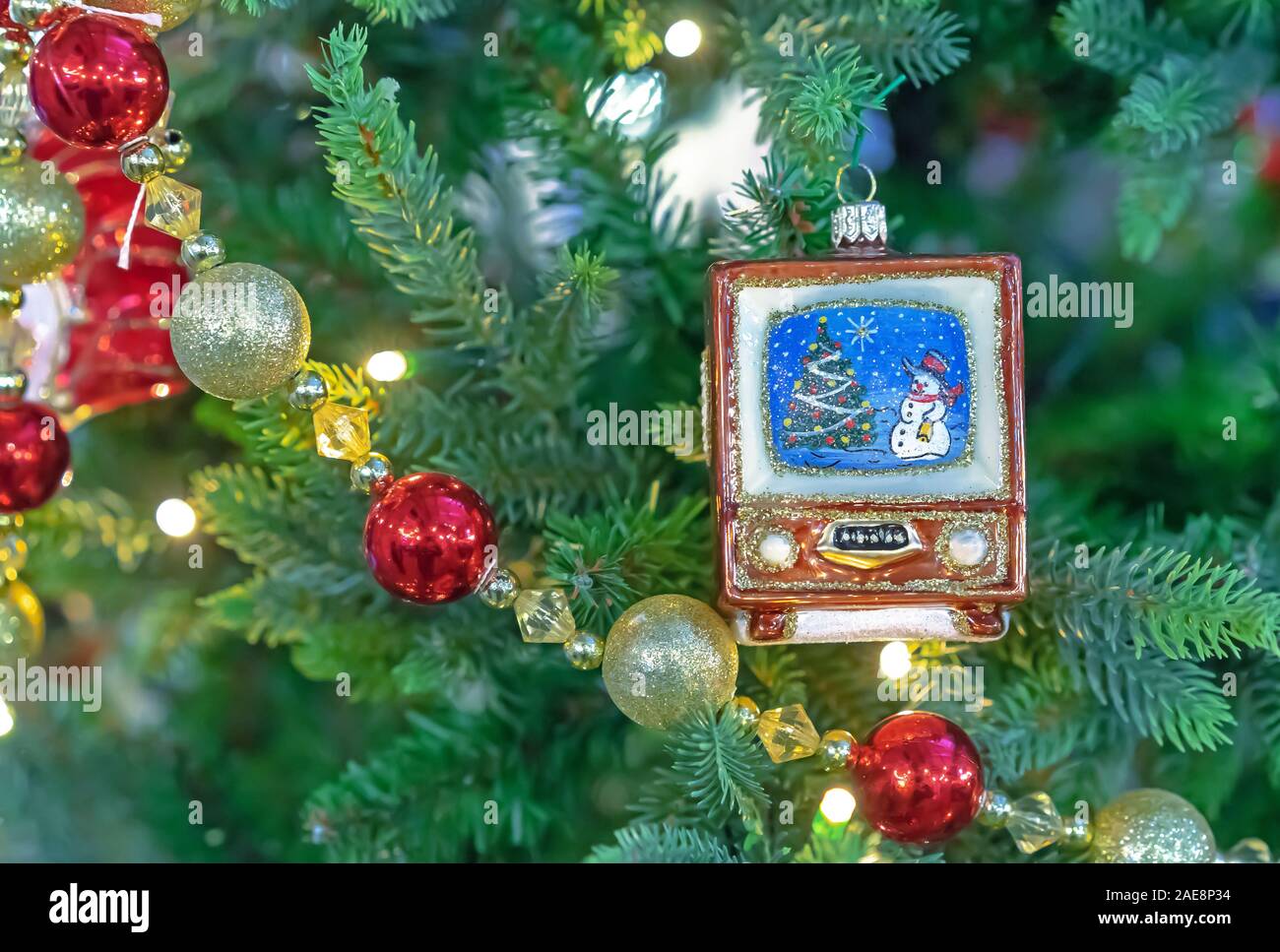 Glass Christmas tree toy , vintage TV. Christmas decor in