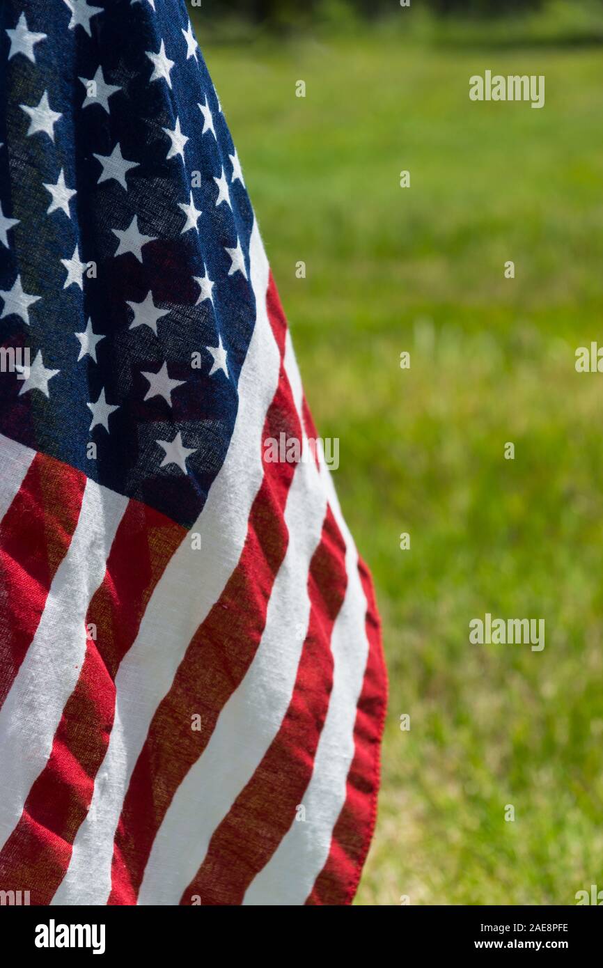 The National flag of the United States of America hanging to the side. Stock Photo