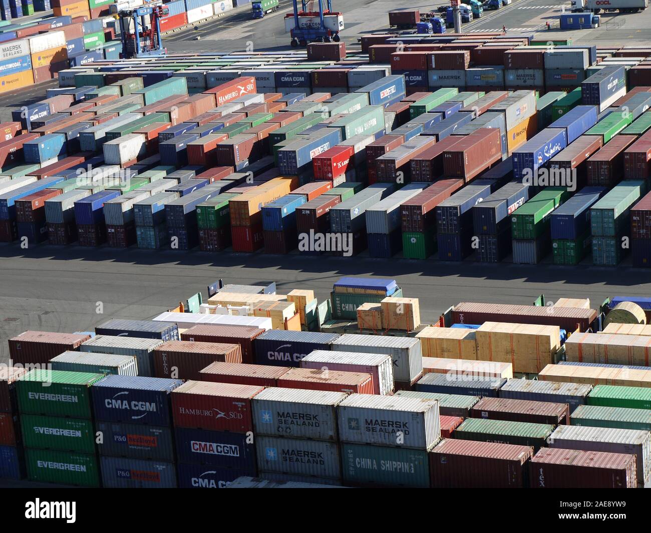 Containers stored on the wharf at the port of Hamburg before loading on ships Stock Photo