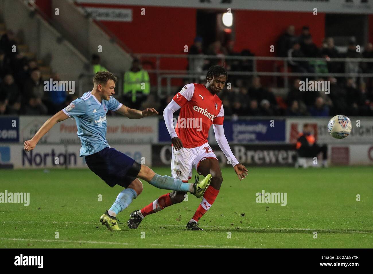 16th November 2019, New York Stadium, Rotherham, England; Sky Bet League 1, Rotherham United v Accrington Stanley : Ben Barclay (16) of Accrington Stanley clears the ball as Matthew Olosunde (22) of Rotherham United challenges Credit: Mark Cosgrove/News Images Stock Photo